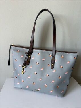 Fossil Gray Tote with Pink & Orange Bird Motif